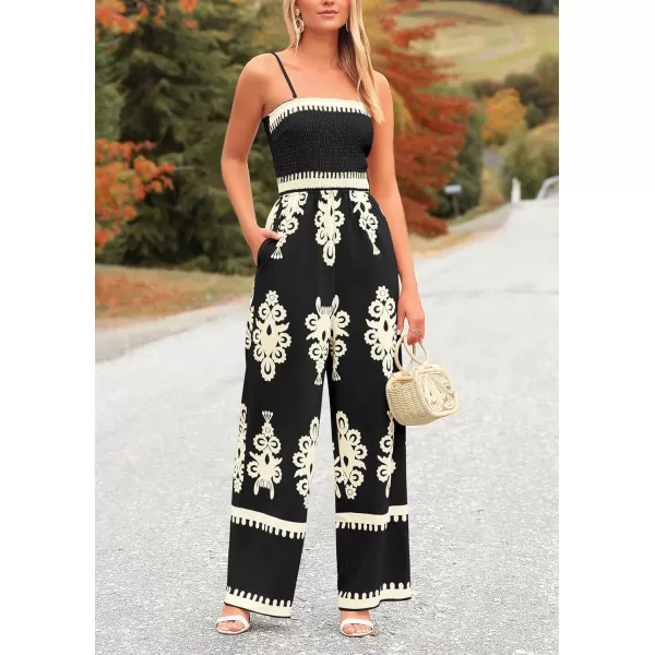 imagePRETTYGARDEN Womens Summer Boho Jumpsuits One Piece Beach Vacation Outfits Spaghetti Strap Wide Leg Pants RompersBlack