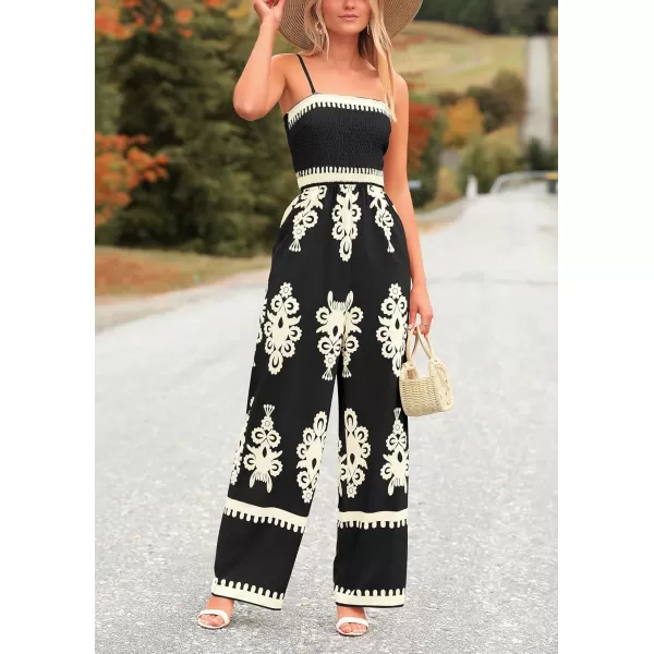 imagePRETTYGARDEN Womens Summer Boho Jumpsuits One Piece Beach Vacation Outfits Spaghetti Strap Wide Leg Pants RompersBlack
