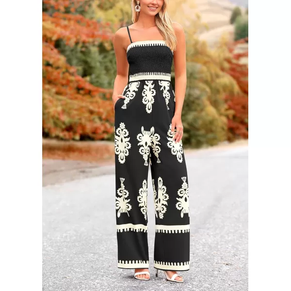 imagePRETTYGARDEN Womens Summer Boho Jumpsuits One Piece Beach Vacation Outfits Spaghetti Strap Wide Leg Pants RompersBlack