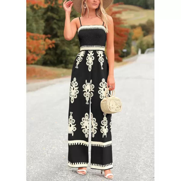 imagePRETTYGARDEN Womens Summer Boho Jumpsuits One Piece Beach Vacation Outfits Spaghetti Strap Wide Leg Pants RompersBlack