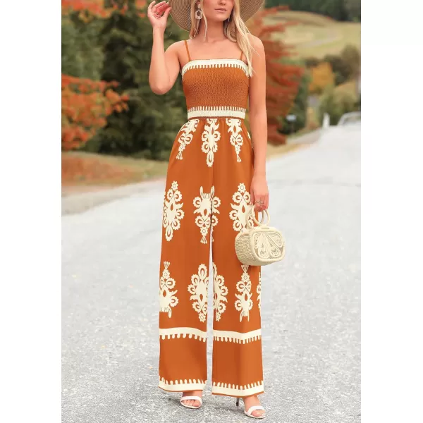 imagePRETTYGARDEN Womens Summer Boho Jumpsuits One Piece Beach Vacation Outfits Spaghetti Strap Wide Leg Pants RompersBrick Red