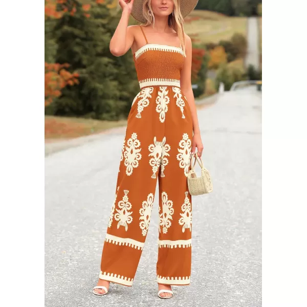 imagePRETTYGARDEN Womens Summer Boho Jumpsuits One Piece Beach Vacation Outfits Spaghetti Strap Wide Leg Pants RompersBrick Red