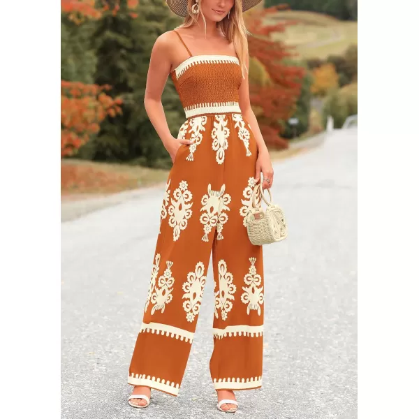 imagePRETTYGARDEN Womens Summer Boho Jumpsuits One Piece Beach Vacation Outfits Spaghetti Strap Wide Leg Pants RompersBrick Red