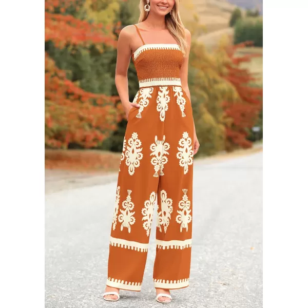 imagePRETTYGARDEN Womens Summer Boho Jumpsuits One Piece Beach Vacation Outfits Spaghetti Strap Wide Leg Pants RompersBrick Red