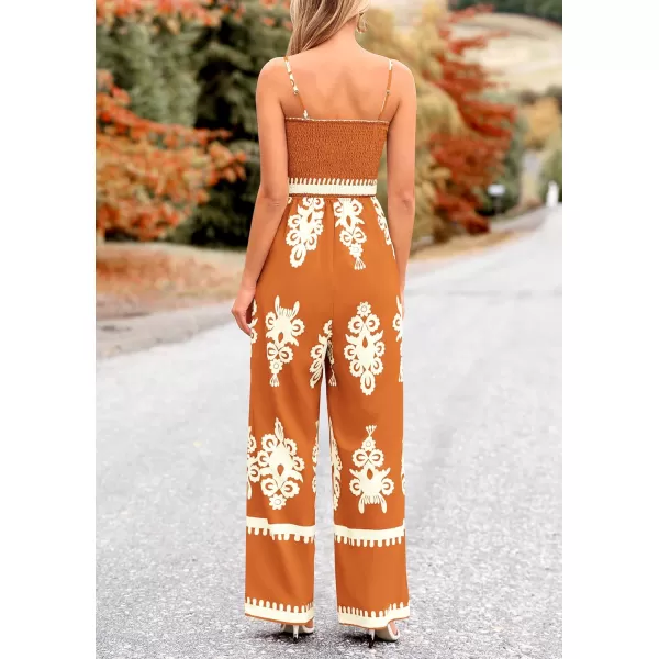 imagePRETTYGARDEN Womens Summer Boho Jumpsuits One Piece Beach Vacation Outfits Spaghetti Strap Wide Leg Pants RompersBrick Red