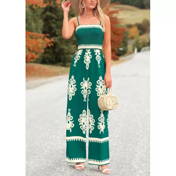 imagePRETTYGARDEN Womens Summer Boho Jumpsuits One Piece Beach Vacation Outfits Spaghetti Strap Wide Leg Pants RompersDark Green