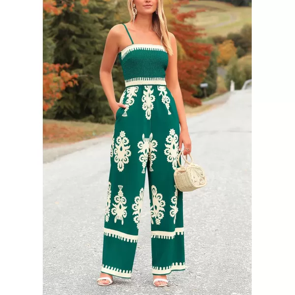 imagePRETTYGARDEN Womens Summer Boho Jumpsuits One Piece Beach Vacation Outfits Spaghetti Strap Wide Leg Pants RompersDark Green