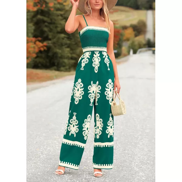 imagePRETTYGARDEN Womens Summer Boho Jumpsuits One Piece Beach Vacation Outfits Spaghetti Strap Wide Leg Pants RompersDark Green