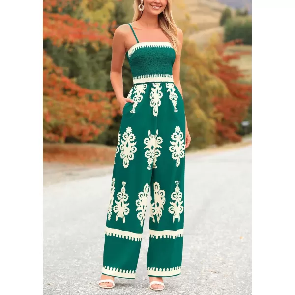 imagePRETTYGARDEN Womens Summer Boho Jumpsuits One Piece Beach Vacation Outfits Spaghetti Strap Wide Leg Pants RompersDark Green