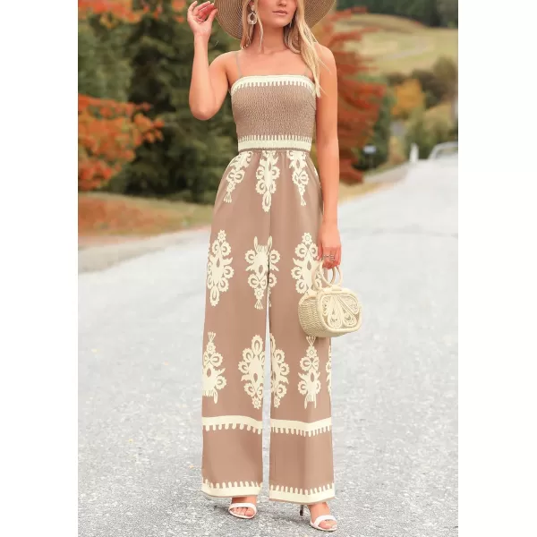 imagePRETTYGARDEN Womens Summer Boho Jumpsuits One Piece Beach Vacation Outfits Spaghetti Strap Wide Leg Pants RompersKhaki