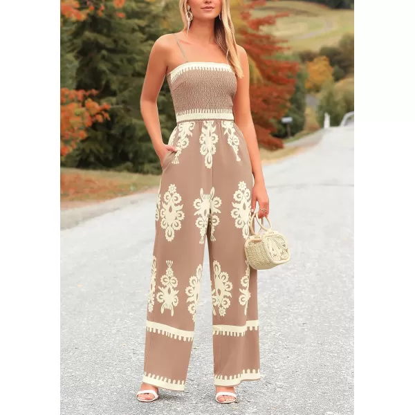 imagePRETTYGARDEN Womens Summer Boho Jumpsuits One Piece Beach Vacation Outfits Spaghetti Strap Wide Leg Pants RompersKhaki