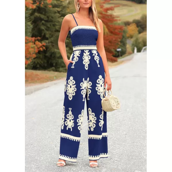 imagePRETTYGARDEN Womens Summer Boho Jumpsuits One Piece Beach Vacation Outfits Spaghetti Strap Wide Leg Pants RompersNavy