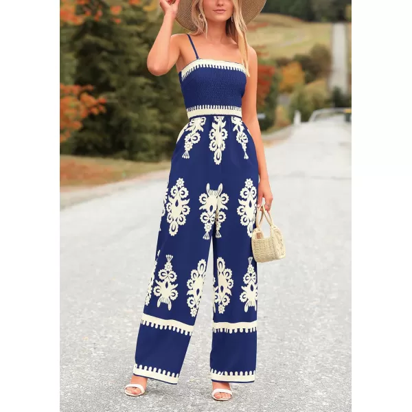 imagePRETTYGARDEN Womens Summer Boho Jumpsuits One Piece Beach Vacation Outfits Spaghetti Strap Wide Leg Pants RompersNavy
