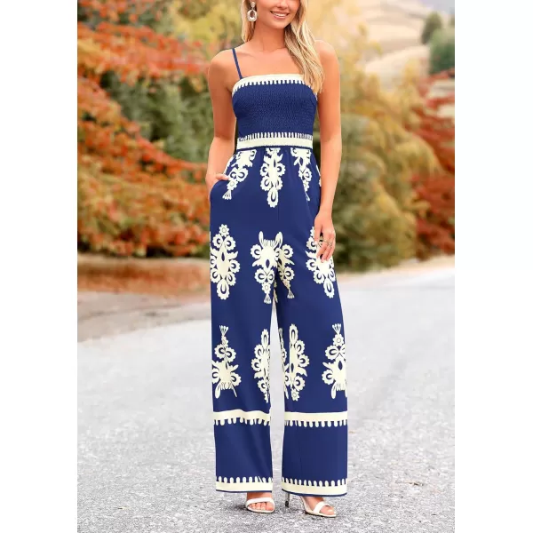 imagePRETTYGARDEN Womens Summer Boho Jumpsuits One Piece Beach Vacation Outfits Spaghetti Strap Wide Leg Pants RompersNavy