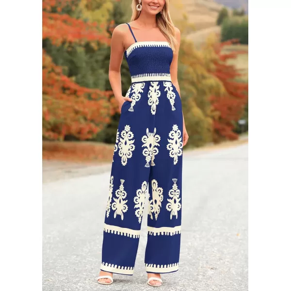 imagePRETTYGARDEN Womens Summer Boho Jumpsuits One Piece Beach Vacation Outfits Spaghetti Strap Wide Leg Pants RompersNavy