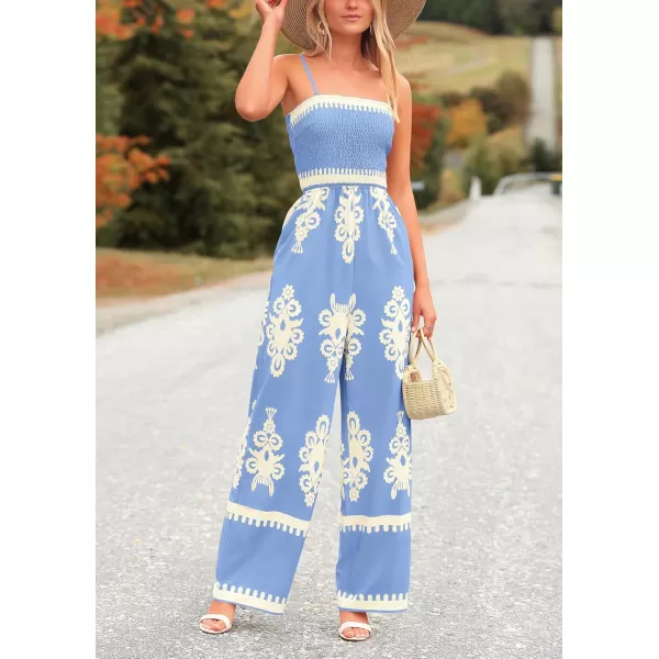 imagePRETTYGARDEN Womens Summer Boho Jumpsuits One Piece Beach Vacation Outfits Spaghetti Strap Wide Leg Pants RompersSky Blue