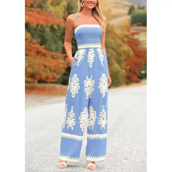 imagePRETTYGARDEN Womens Summer Boho Jumpsuits One Piece Beach Vacation Outfits Spaghetti Strap Wide Leg Pants RompersSky Blue