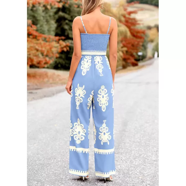 imagePRETTYGARDEN Womens Summer Boho Jumpsuits One Piece Beach Vacation Outfits Spaghetti Strap Wide Leg Pants RompersSky Blue