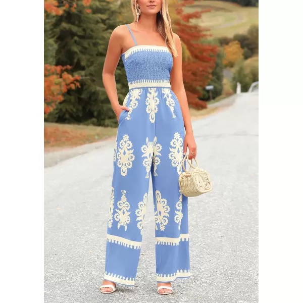 imagePRETTYGARDEN Womens Summer Boho Jumpsuits One Piece Beach Vacation Outfits Spaghetti Strap Wide Leg Pants RompersSky Blue