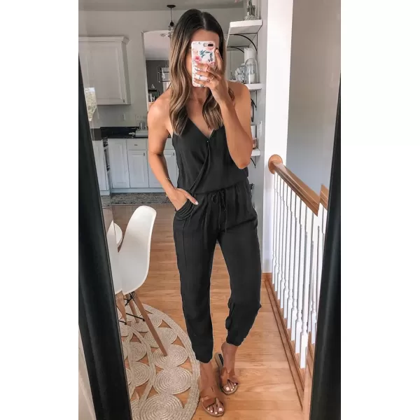 imagePRETTYGARDEN Womens Summer Casual Jumpsuits Wrap V Neck Sleeveless One Piece Pants Romper with PocketsBlack