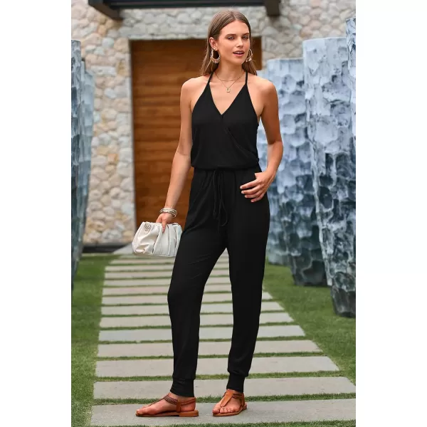 imagePRETTYGARDEN Womens Summer Casual Jumpsuits Wrap V Neck Sleeveless One Piece Pants Romper with PocketsBlack
