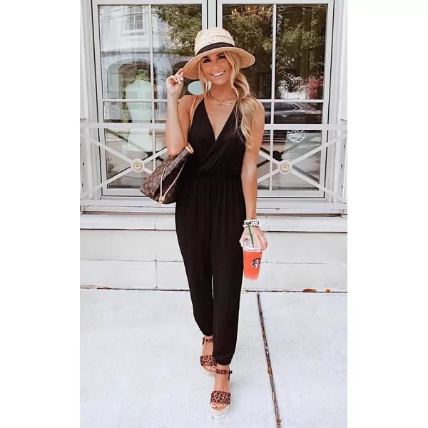imagePRETTYGARDEN Womens Summer Casual Jumpsuits Wrap V Neck Sleeveless One Piece Pants Romper with PocketsBlack