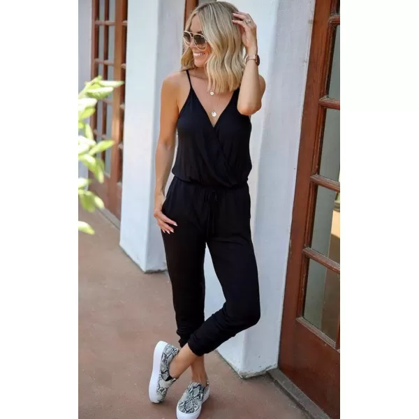 imagePRETTYGARDEN Womens Summer Casual Jumpsuits Wrap V Neck Sleeveless One Piece Pants Romper with PocketsBlack