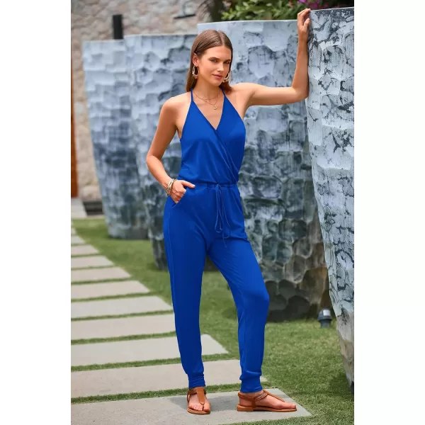 imagePRETTYGARDEN Womens Summer Casual Jumpsuits Wrap V Neck Sleeveless One Piece Pants Romper with PocketsBlue
