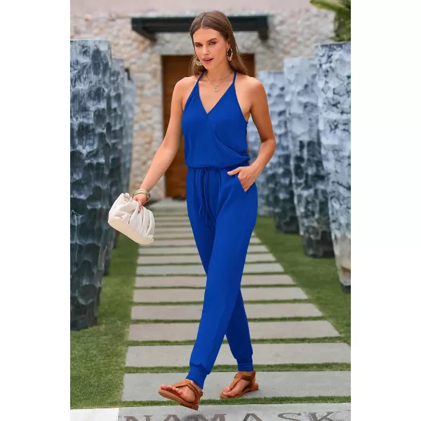 imagePRETTYGARDEN Womens Summer Casual Jumpsuits Wrap V Neck Sleeveless One Piece Pants Romper with PocketsBlue