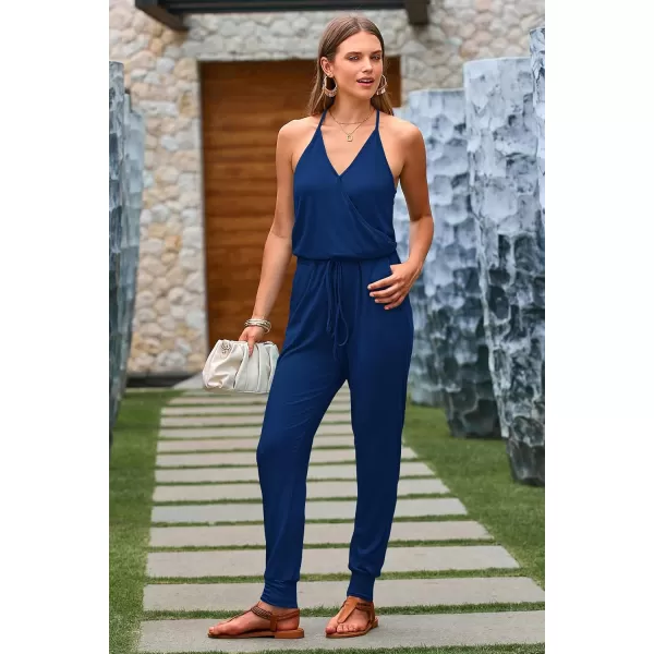 imagePRETTYGARDEN Womens Summer Casual Jumpsuits Wrap V Neck Sleeveless One Piece Pants Romper with PocketsDark Blue