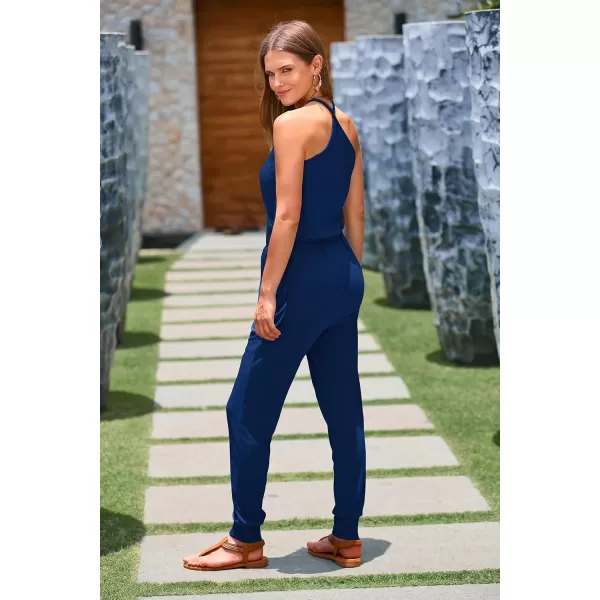 imagePRETTYGARDEN Womens Summer Casual Jumpsuits Wrap V Neck Sleeveless One Piece Pants Romper with PocketsDark Blue