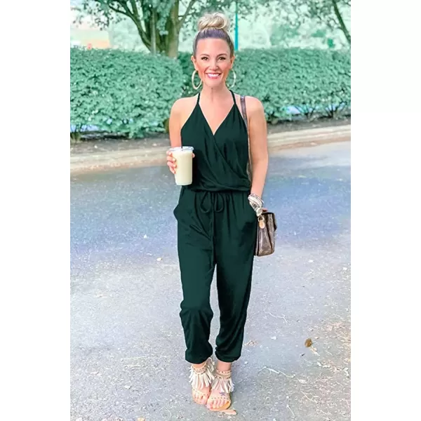 imagePRETTYGARDEN Womens Summer Casual Jumpsuits Wrap V Neck Sleeveless One Piece Pants Romper with PocketsDark Green