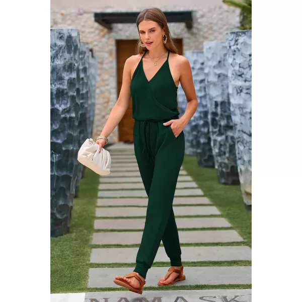 imagePRETTYGARDEN Womens Summer Casual Jumpsuits Wrap V Neck Sleeveless One Piece Pants Romper with PocketsDark Green