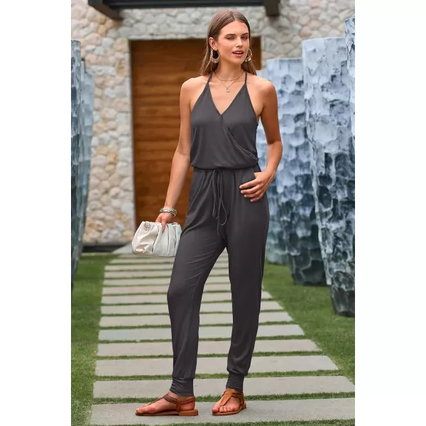 imagePRETTYGARDEN Womens Summer Casual Jumpsuits Wrap V Neck Sleeveless One Piece Pants Romper with PocketsDark Grey