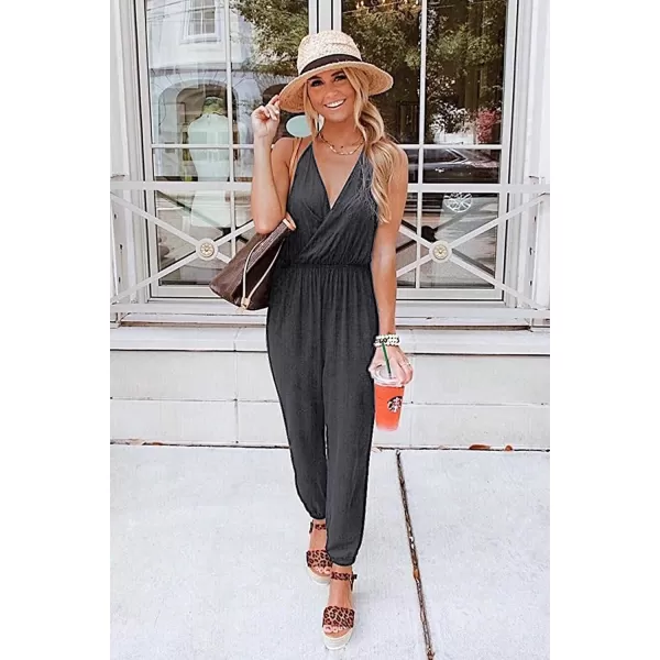 imagePRETTYGARDEN Womens Summer Casual Jumpsuits Wrap V Neck Sleeveless One Piece Pants Romper with PocketsDark Grey