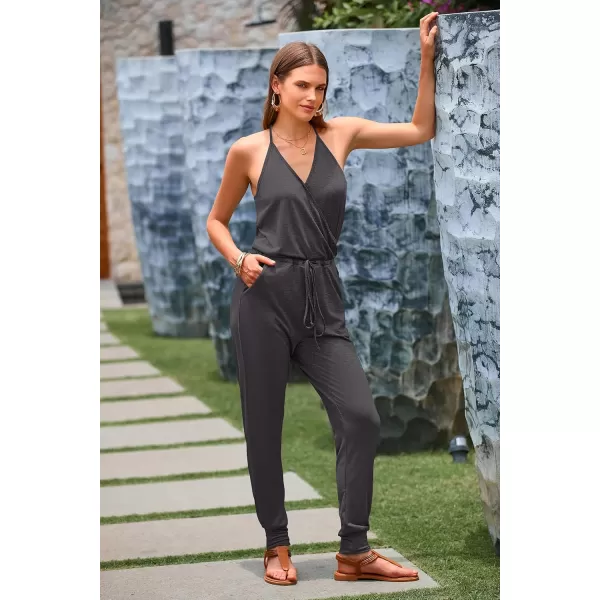 imagePRETTYGARDEN Womens Summer Casual Jumpsuits Wrap V Neck Sleeveless One Piece Pants Romper with PocketsDark Grey