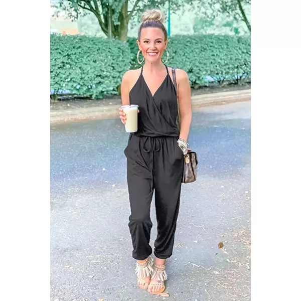 imagePRETTYGARDEN Womens Summer Casual Jumpsuits Wrap V Neck Sleeveless One Piece Pants Romper with PocketsDark Grey