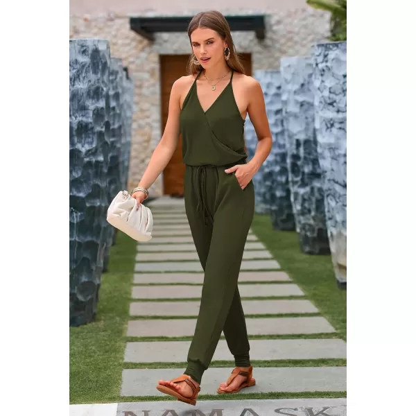 imagePRETTYGARDEN Womens Summer Casual Jumpsuits Wrap V Neck Sleeveless One Piece Pants Romper with PocketsGreen
