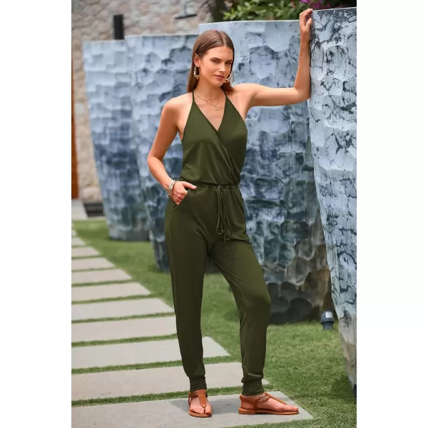 imagePRETTYGARDEN Womens Summer Casual Jumpsuits Wrap V Neck Sleeveless One Piece Pants Romper with PocketsGreen