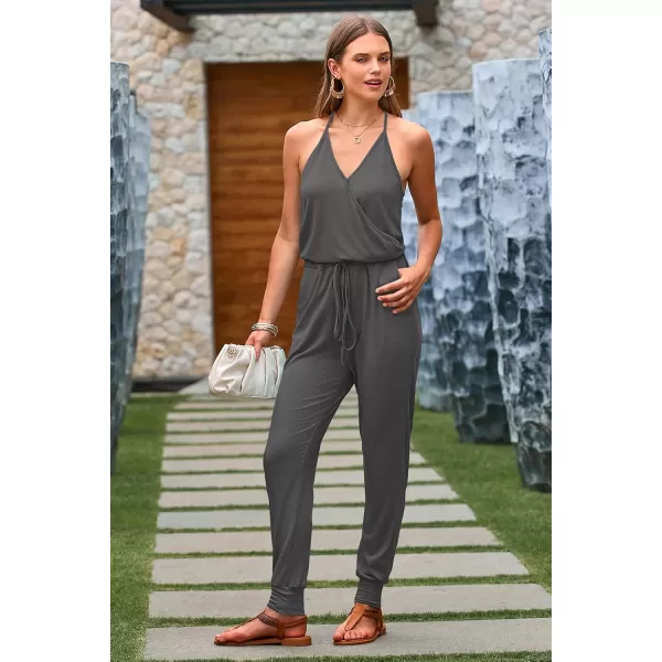 imagePRETTYGARDEN Womens Summer Casual Jumpsuits Wrap V Neck Sleeveless One Piece Pants Romper with PocketsGrey