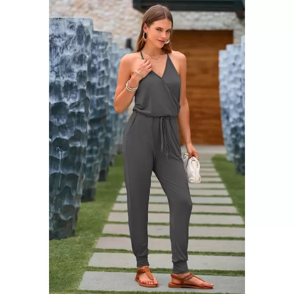 imagePRETTYGARDEN Womens Summer Casual Jumpsuits Wrap V Neck Sleeveless One Piece Pants Romper with PocketsGrey