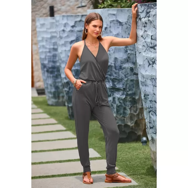 imagePRETTYGARDEN Womens Summer Casual Jumpsuits Wrap V Neck Sleeveless One Piece Pants Romper with PocketsGrey