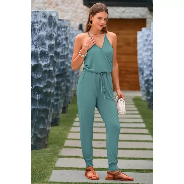 imagePRETTYGARDEN Womens Summer Casual Jumpsuits Wrap V Neck Sleeveless One Piece Pants Romper with PocketsLight Green
