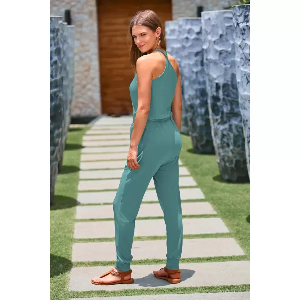 imagePRETTYGARDEN Womens Summer Casual Jumpsuits Wrap V Neck Sleeveless One Piece Pants Romper with PocketsLight Green