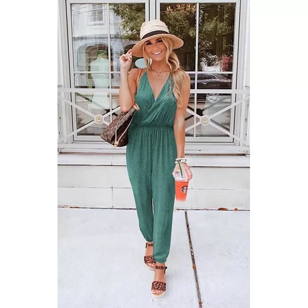 imagePRETTYGARDEN Womens Summer Casual Jumpsuits Wrap V Neck Sleeveless One Piece Pants Romper with PocketsLight Green