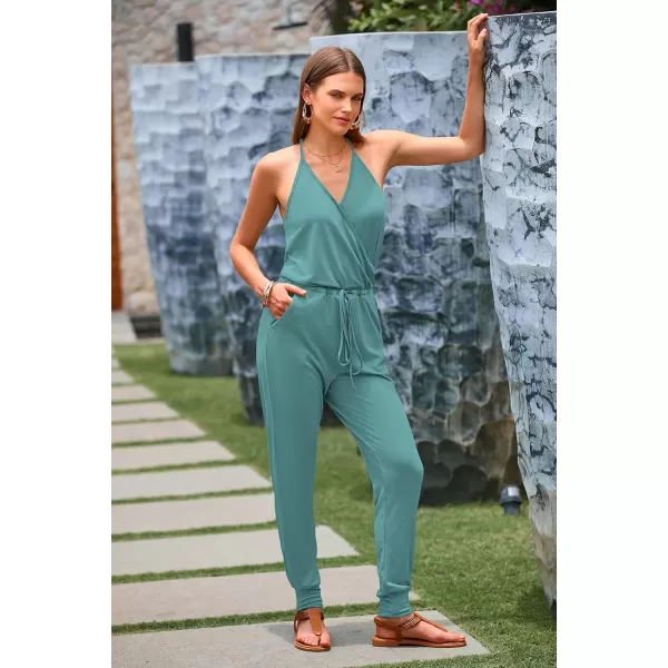 imagePRETTYGARDEN Womens Summer Casual Jumpsuits Wrap V Neck Sleeveless One Piece Pants Romper with PocketsLight Green