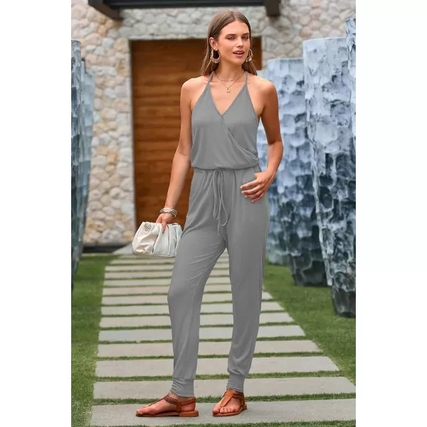 imagePRETTYGARDEN Womens Summer Casual Jumpsuits Wrap V Neck Sleeveless One Piece Pants Romper with PocketsLight Grey