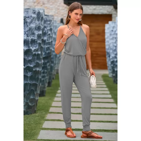 imagePRETTYGARDEN Womens Summer Casual Jumpsuits Wrap V Neck Sleeveless One Piece Pants Romper with PocketsLight Grey