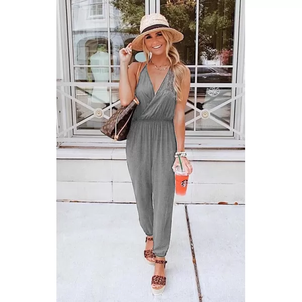 imagePRETTYGARDEN Womens Summer Casual Jumpsuits Wrap V Neck Sleeveless One Piece Pants Romper with PocketsLight Grey