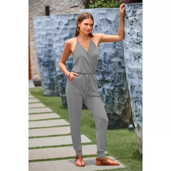 imagePRETTYGARDEN Womens Summer Casual Jumpsuits Wrap V Neck Sleeveless One Piece Pants Romper with PocketsLight Grey